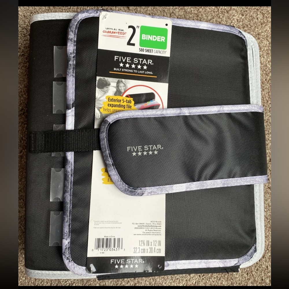 NEW Five Star Black 2" Binder 3-Ring Exterior 5 Tab Expanding File Pockets